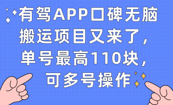 有驾APP口碑无脑搬运项目又来了，单号最高110块，可多号操作-搜易资源网