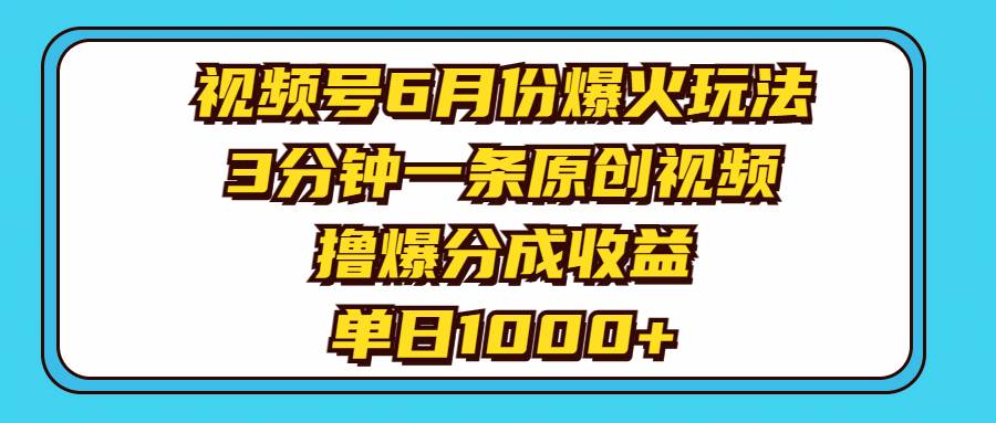 视频号6月份爆火玩法，3分钟一条原创视频，撸爆分成收益，单日1000+-搜易资源网