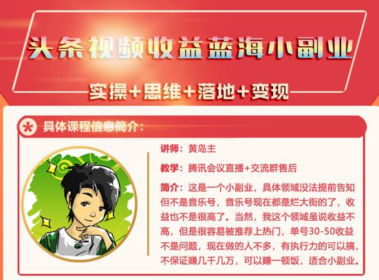 黄岛主·头条视频蓝海小领域副业项目，单号30-50收益不是问题-搜易资源网