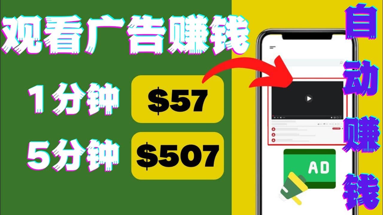 观看视频广告，只需要点击广告，每5分钟赚57美元-搜易资源网