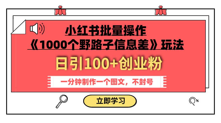 小红书批量操作《1000个野路子信息差》玩法 日引100+创业粉 一分钟一个图文-搜易资源网