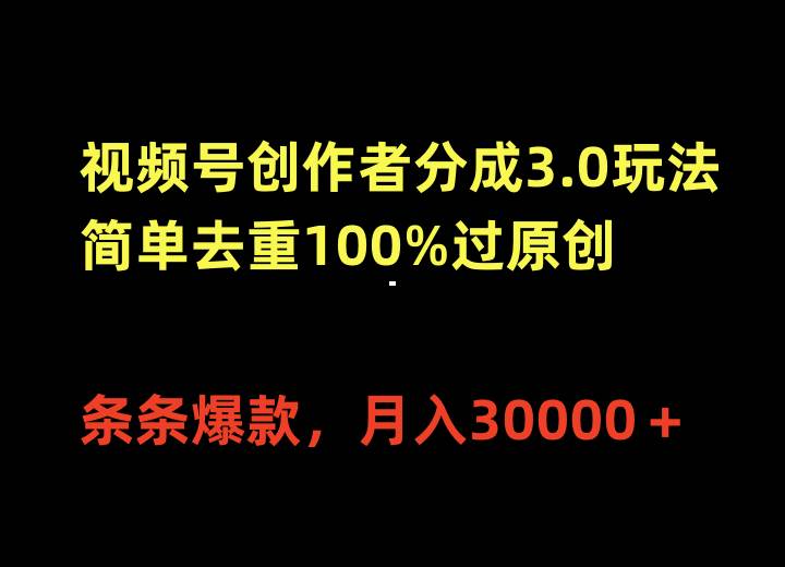 视频号创作者分成3.0玩法，简单去重100%过原创，条条爆款，月入30000＋-搜易资源网