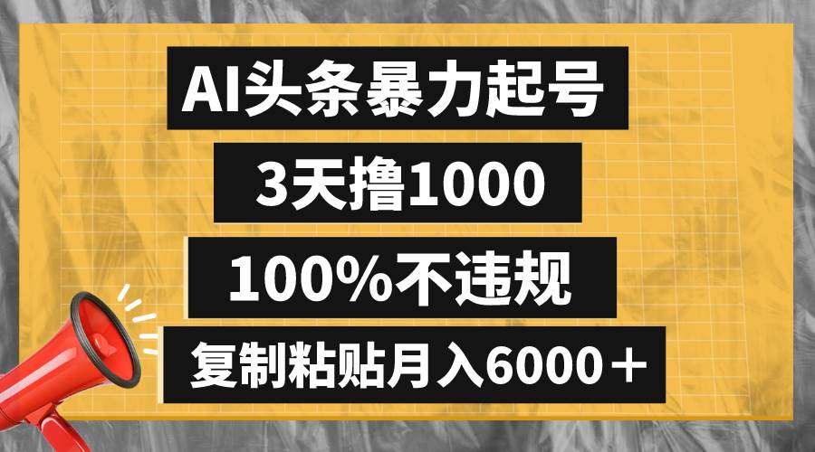 AI头条暴力起号，3天撸1000,100%不违规，复制粘贴月入6000＋-搜易资源网