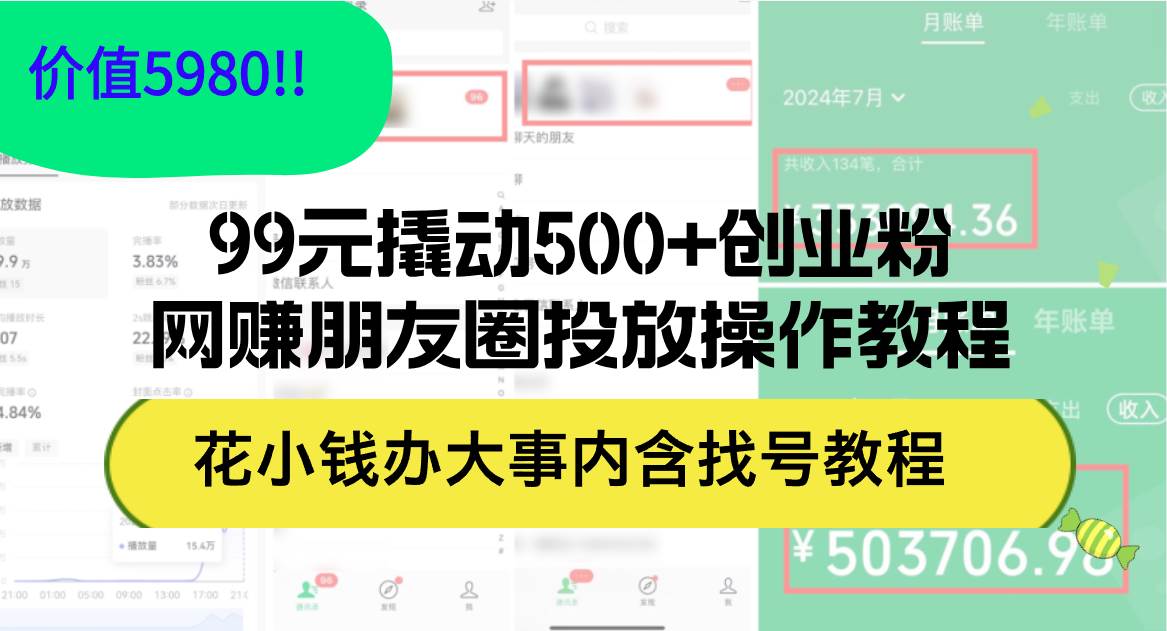 99元撬动500+创业粉，网赚朋友圈投放操作教程价值5980！花小钱办大事内…-搜易资源网