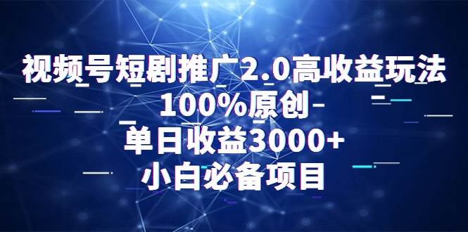 视频号短剧推广2.0高收益玩法，100%原创，单日收益3000+，小白必备项目-搜易资源网